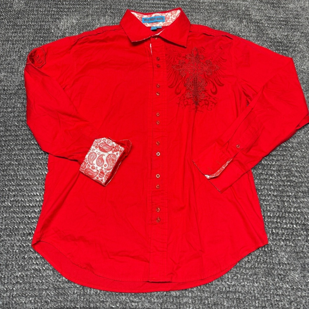 Wild West Boots Mens L Red Long Sleeve Button Up Embroidered Shirt‎ Paisley Cuff